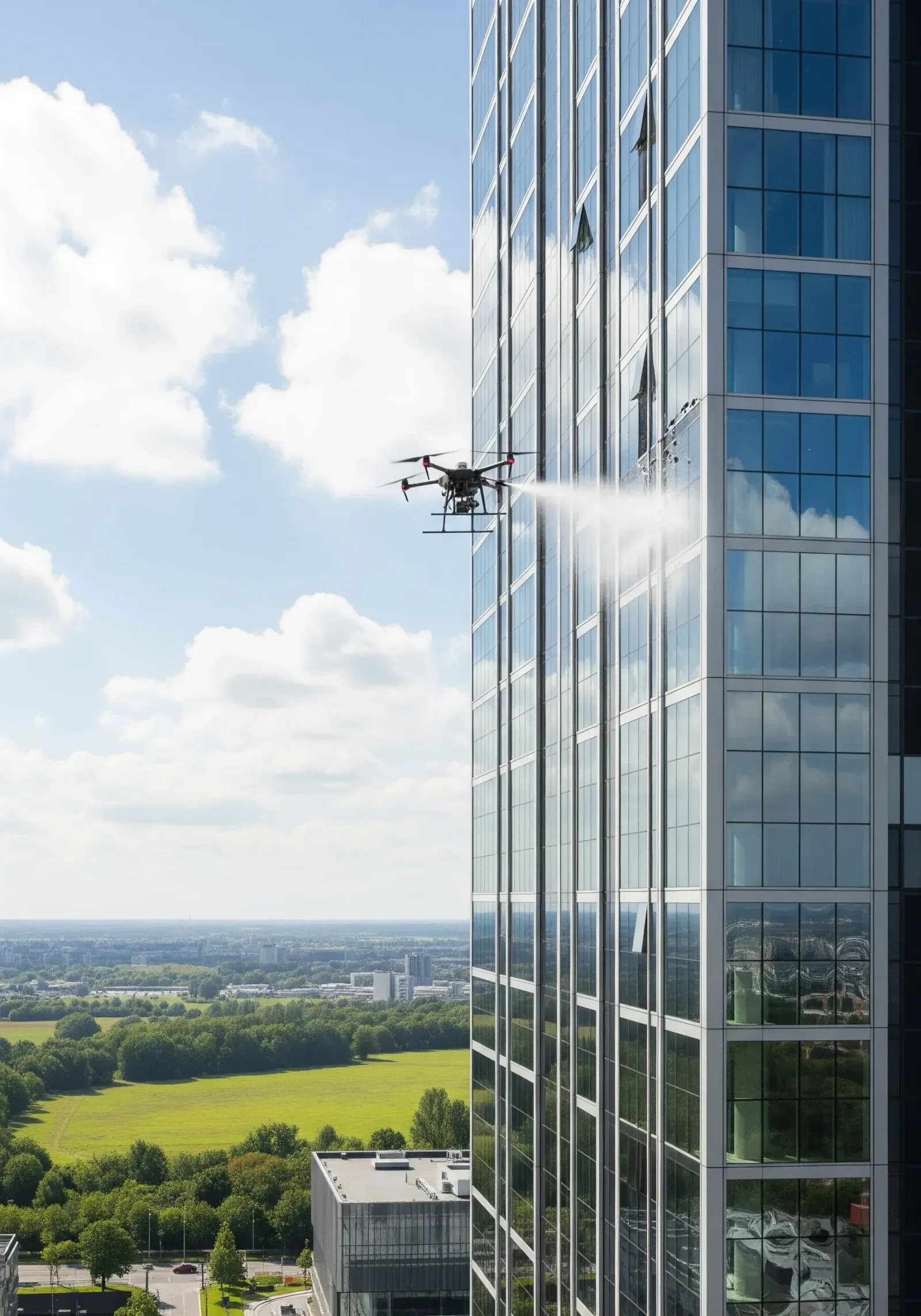 Drone ile yüksek katlı bina cam cephe temizliği uygulaması