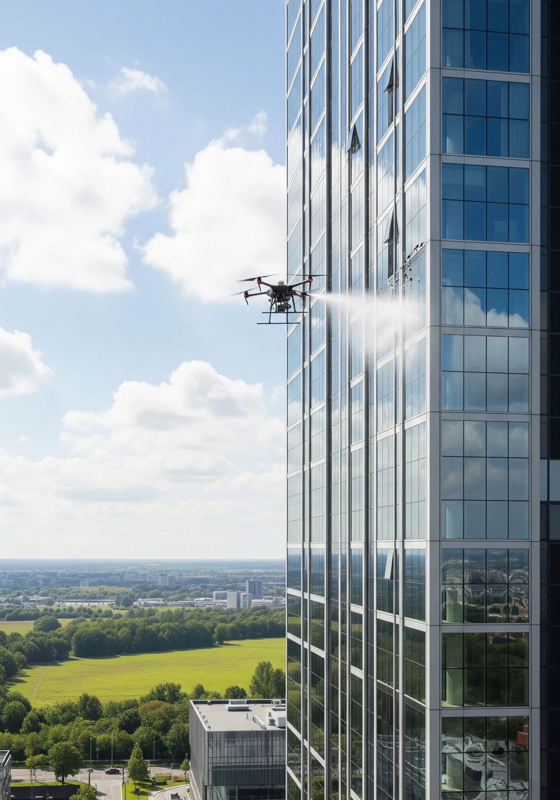Drone ile yüksek katlı bina cam cephe temizliği uygulaması